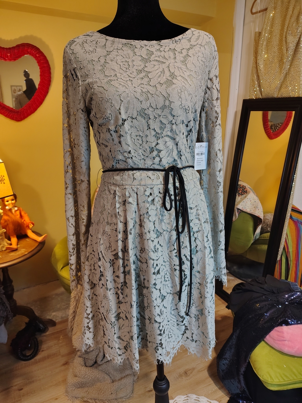bohme Long-Sleeve Lace Fit-and-Flare Dress Sage Green with Black Tie